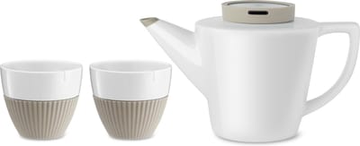 Viva Scandinavia - Infusion Theepot - Porselein - Incl. 2 Mokjes - Set van 3 Stuks - Wit/Khaki