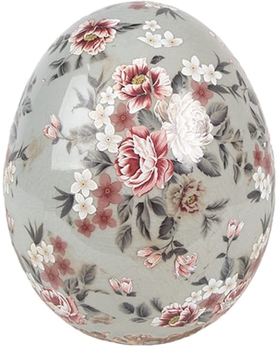 Clayre & Eef Decoratie Beeld Ei Ø 10x12 cm Grijs Keramiek Bloemen
