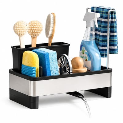 BOTC Vaatdoekhouder met automatische Afvoer - 304 RVS - Vaatdoekhouder Organizer - Aanrecht en Keuken Organiser - Zwart