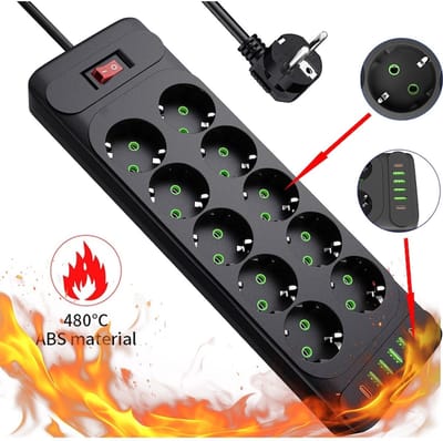 Stekkerdoos met Schakelaar - TENZHVXI® - 2500W - 10 stopcontacten, 2m snoer, 4 USB-poorten, 2 Type-C-poorten - 5V 3.1A - Overspanningsbeveiliging, schakelaar - Zwart