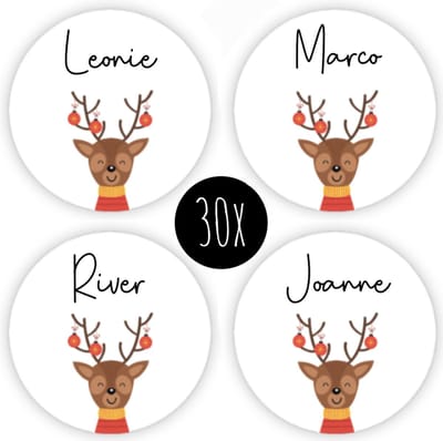 30x Kerst Stickers / Naamstickers | rond | beschrijfbaar | sticker naam | 35 mm | RENDIER