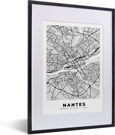 Fotolijst incl. Poster - Kaart - Stadskaart - Nantes - Plattegrond - Frankrijk - 30x40 cm - Posterlijst