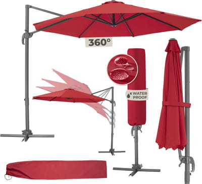 tectake® Grote Zweefparasol met Beschermhoes - Ø 300 cm - In Hoogte Verstelbaar - Opvouwbaar - met Voet en Zwengel - UV-bescherming 50+ - Tuinparasol - Parasol voor Terras of Balkon - Rood