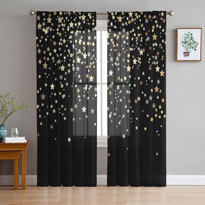 Donkere Nacht Sterren Decoratie Tule Gordijnen Voor Woonkamer Transparant Gordijn Slaapkamer Voile Decoratieve Raamdecoraties 135W x 114H(cm) gray