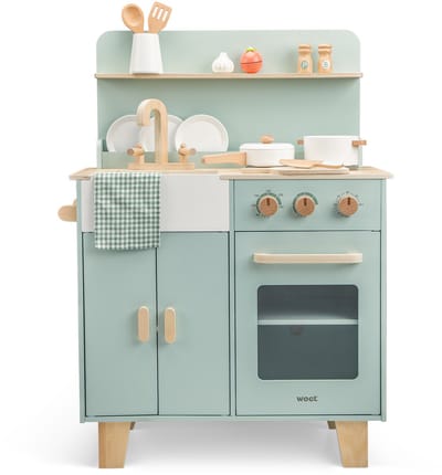 Woet® Houten Speelgoed Kinderkeuken Mint Groen - Speelkeukentje met Pannen, Servies, Groente en Snijplank - Houten Speelkeuken - Werkbladhoogte 55 cm - Rollenspel - Vanaf 3 Jaar