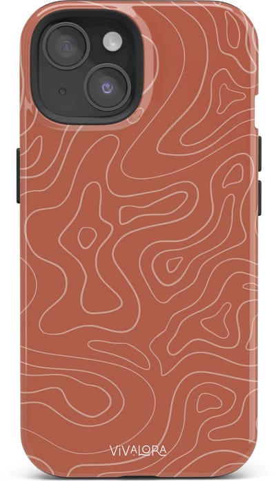 VivaLora Tough Telefoonhoesje iPhone 15 met MagSafe - Wavy Lines Print - 2-in-1 Phone Case - Hard Case & Siliconen Backcover - Extra Bescherming - Shockproof Cover - Rood/Ecru