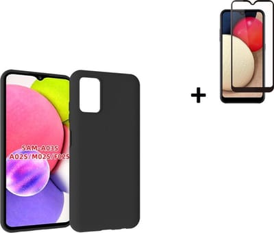 Hoesje Geschikt voor Samsung Galaxy A03s - Siliconen - A03s Full Screenprotector - Hoesje Zwart Case + Full Tempered Glass
