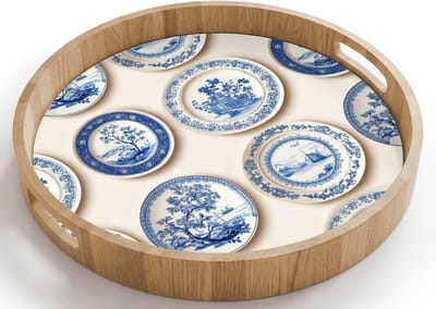 Dienblad rond 40x40 cm - Schootdienblad hout - Borden - Bomen - Planten - Blauw - Borrelplank rechthoek - Plateau houten dienbladen