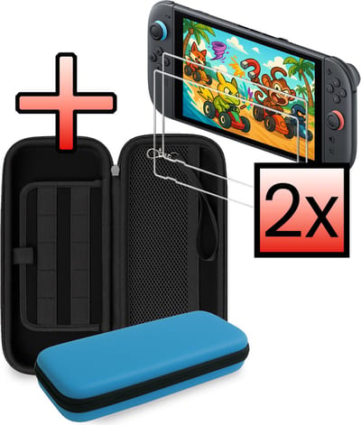 Hoesje Geschikt voor Nintendo Switch 2 Case Hoes Hard Cover Koord Met 2x Screenprotector - Hoes Geschikt voor Nintendo Switch 2 Hoes - Blauw