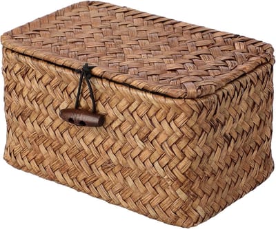 Kleine zeegras opbergmand met deksel voor bureau, multifunctionele mand voor sleutels, badkamer organizer en decoratieve opbergbox voor knutselspullen en haarbanden