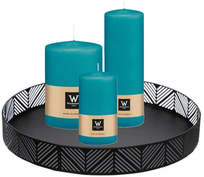 Wiedemann Cilinderkaarsen - stompkaarsen set - op zwart dienblad van metaal - 3x stuks - turquoise - 6 x 12 - 10x15 - 7x20 cm