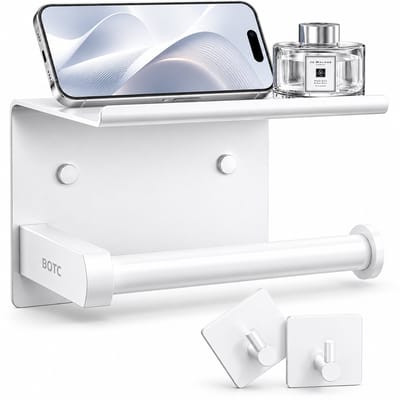 BOTC 3-in-1 Toiletrolhouder - WC Rolhouder met Plankje & Handdoekhaakjes - Zelfklevend of met Schroeven - RVS - Wit