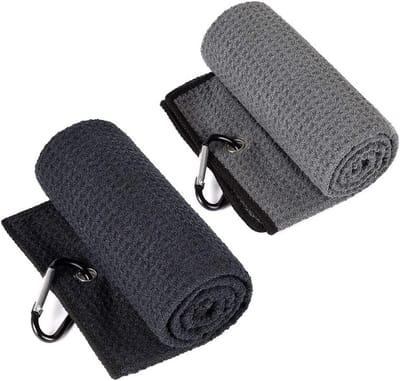 Set van 2 Microfiber Golfhanddoeken met Wafelpatroon, Zware Carabiner, Ideaal voor Golfbags en Sportgebruik (Zwart)