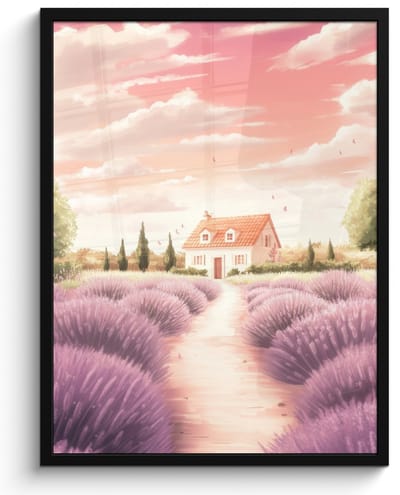 Poster in lijst - Fotolijst 50x70 cm - Posters - Lavendelveld - Huis - Paars - Posterlijst zwart - Decoratie - Wanddecoratie woonkamer - Muurdecoratie slaapkamer