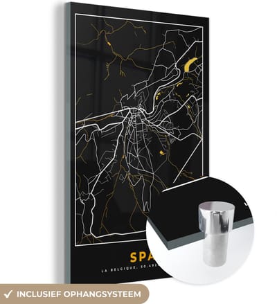 MuchoWow® Glasschilderij 120x180 cm - Schilderij acrylglas - Spa - Kaart - Stadskaart - Goud - Plattegrond - Foto op glas - Schilderijen