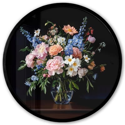 Poster in lijst Rond - Fotolijst 40x40 cm - Posters - Pastel - Bloemen - Glazen - Vaas - Ronde posterlijst zwart - Decoratie - Wanddecoratie woonkamer - Muurdecoratie slaapkamer