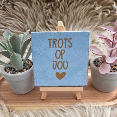 Robuust Wenstegeltje “Trots op Jou” – 10x10cm – Lief Cadeautegeltje met Hartje – Trendy nu – Geslaagd – vriend(in), familie, gezin, zomaar – Decoratief Tegeltje met Standaard – Cadeau Idee