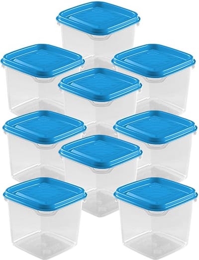 Hega Hogar Vershoudbakjes - set 9x stuks - 0.3 liter - transparant/blauw - L8 x B8 x H11 cm - Mealprep - Maaltijden bewaren