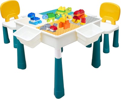 Kidsidee Kindertafel + 2 Stoeltjes + 4 Bakjes + 85 Bouwblokken - Speeltafel -Blokkentafel - Constructiespeelgoed Kinderen - Constructie Speelgoed Jongens en Meisjes 3, 4, 5, 6 Jaar - Geschikt voor Lego® & Duplo® Bouwstenen - zandtafel - watertafel