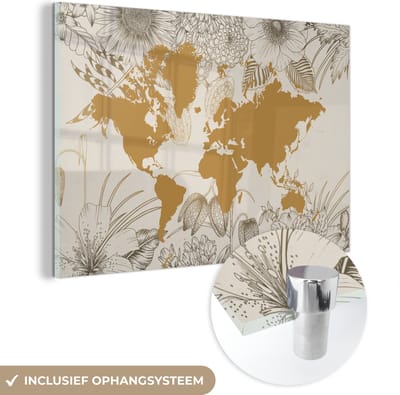 ® Glasschilderij 150x100 cm - Schilderij acrylglas - Wereldkaart - Goud - Bloemen - Foto op glas - Muurdecoratie woonkamer - Wanddecoratie slaapkamer - Schilderijen