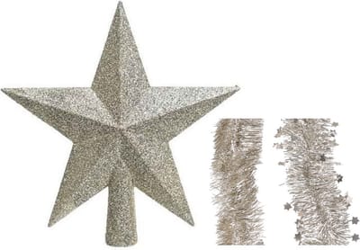 Kerstversiering kunststof glitter ster piek 19 cm en folieslingers pakket licht parel/champagne van 3x stuks - Kerstboomversiering
