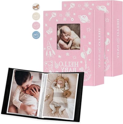 Baby Fotoalbum Set van 2 - 100 Foto's - Linnen Herinneringsboek voor Kinderen - Mini Album met Venster voor Nieuwe Baby's in Roze