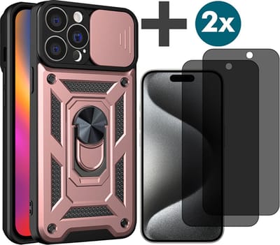 Hoesje met Privacy screenprotectors 2 stuks Geschikt voor iPhone 15 Pro Max met Ringhouder en Camera schuifje - Arara backcover - Rosegoud