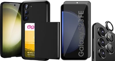 Hoesje met Pasjeshouder geschikt voor Samsung Galaxy S23 FE - Privacy Screenprotector FullGuard & Camera Lens Screen Protector Zwart - Back Cover SlideCase Zwart