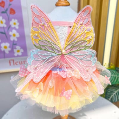 Vêtements pour chiens d'été mince chat princesse jupe arc-en-ciel papillon pong jupe vêtements pour animaux de compagnie robe accessoires robes pour chiens pour petits chiens M