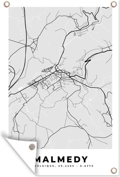 Muurdecoratie Kaart – Plattegrond – Stadskaart – Malmedy – België – Zwart Wit - 120x180 cm - Tuinposter - Tuindoek
