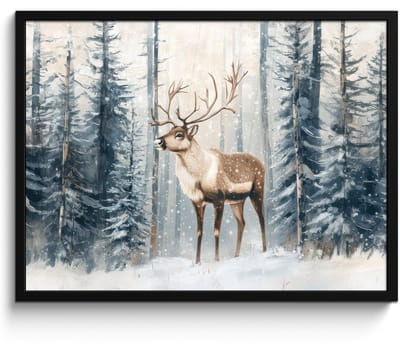 Poster in lijst - Fotolijst 80x60 cm - Posters - Rendier - Sneeuw - Woud - Wit - Posterlijst zwart - Decoratie - Wanddecoratie woonkamer - Muurdecoratie slaapkamer