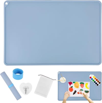 SnelShoppen - Silicone Mat Groot 60 x 40 cm, Kinderen Schildermat, Antislip Knutselmat, Blauwe Schildermat voor School met Bevestigingsbanden, Kinder