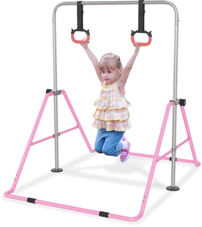 Gymnastiekstang voor kinderen, in hoogte verstelbare horizontale stang met trekring, ringen, gymnastiektrainingsapparatuur, gymnastiekstang voor thuis (roze) NAIZY