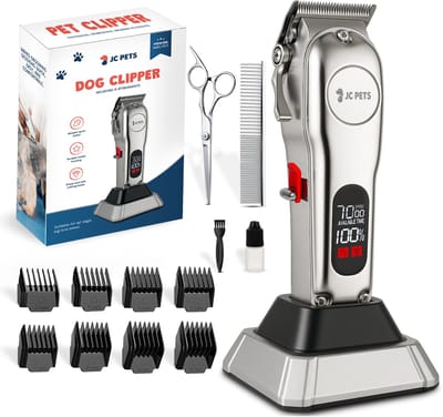 JC Pets Professionele Hondentondeuse - Draadloze Hondentrimmer voor Honden - Inclusief Trimaccessoires en 4 Opzetstukken voor Alle Vachten, Perfect voor Dikke Vacht - RVS Behuizing en Extra Stil