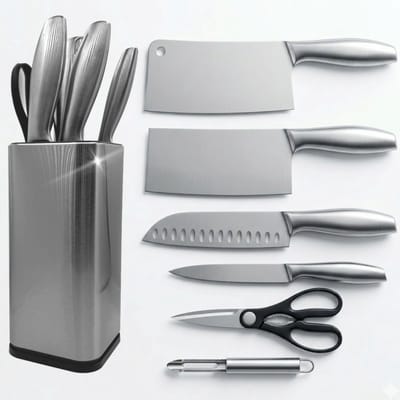 Messenset met Messenblok – 7-delig – RVS Keukenmessen met Houder – Zwart/Zilver – Hakmes, Santoku & Aziatisch Koksmes