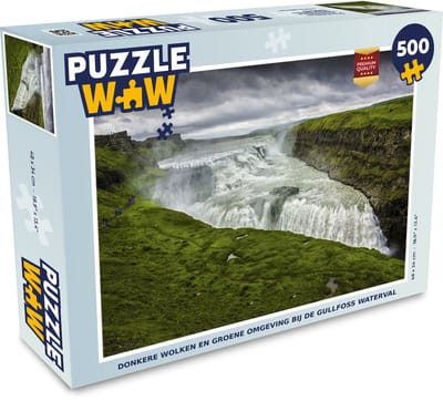 Puzzel Donkere wolken en groene omgeving bij de Gullfoss waterval - Legpuzzel - Puzzel 500 stukjes
