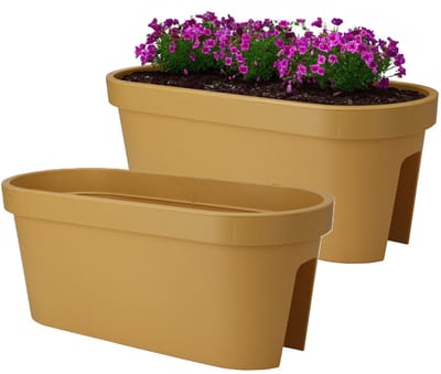 Pro Garden Balkon plantenpot/bloempot - 2x - okergeel - 60 x 25 cm - ovaal - kunststof - Reling/schutting/hangende bloempotten