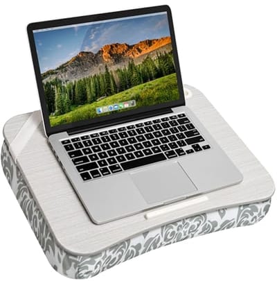 XL Designer Lap Desk met Telefoonhouder en Apparatuur Rand - Geschikt voor Laptops tot 17,3 Inch - Grijs Damast