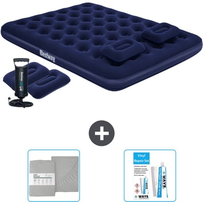 Bestway luchtbed - 2-Persoons - 152 x 203 x 22 cm - Blauw - Inclusief handpomp - kussens - Hoeslaken en Reparatieset