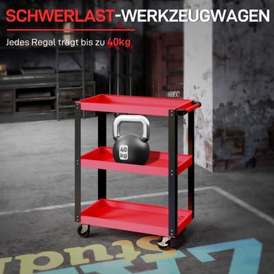MEUNIQ gereedschapskar met 3 niveaus 70,5 x 35 x 82,5 cm, metalen werkplaatswagen met 4 zwenkwielen, 2 remmen, handgreep en draagvermogen 120 kg, rood