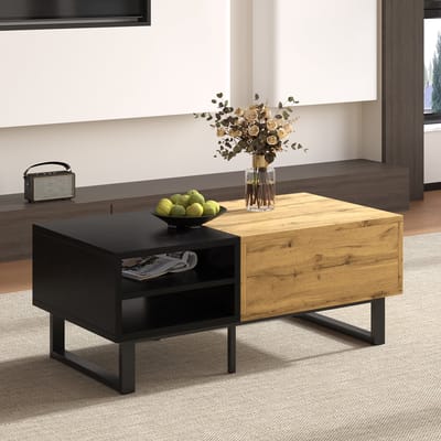DESMIU Salontafel - Modern Design Met Open Vakken En Lade - Voor Woonkamer En Interieur - Spaanplaat En IJzer - 100x50x40 Cm - Naturel En Zwart
