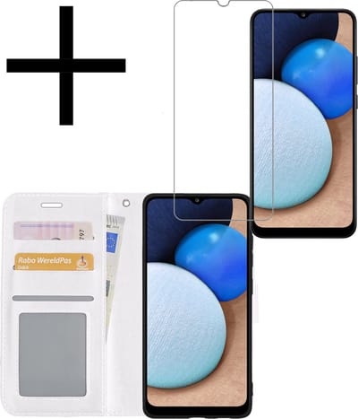 Hoesje - Met Screenprotector - Geschikt voor Samsung Galaxy A02s - Luxe Pasjeshouder - Bookcase Portemonee - Flip Case - Kunstleer Book Case - Flipcase - Book Cover - Walletcase - Portemonneehoes - Wit
