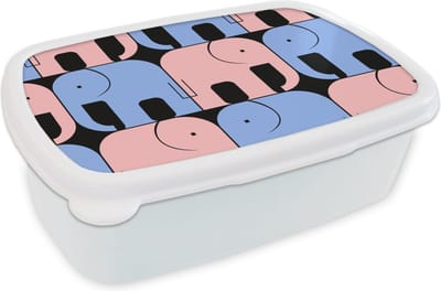 Broodtrommel Wit - Lunchbox - Brooddoos - Olifant - Lijn - Zwart - Patronen - 18x12x6 cm - Volwassenen