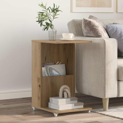 vidaXL - Bijzettafel - met - wiel - Artisan - Eiken - 40 - x - 35 - x - 60 - cm - Bewerkt - hout