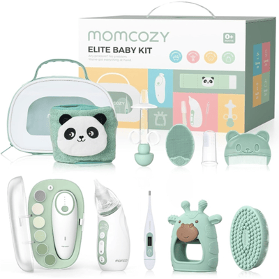 Momcozy premium babyverzorgingsset, inclusief elektrische nagelvijl, neuszuiger, verwarmingswikkel, babythermometer en meer