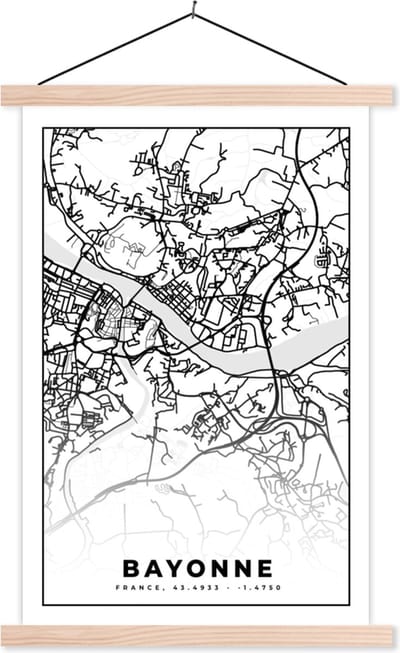 Posterhanger incl. Poster 40x60 cm - Schoolplaat - Plattegrond - Kaart - Bayonne - Frankrijk - Stadskaart - Zwart wit - Textielposter - Blanke latten - Stadskaart