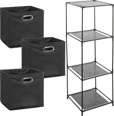 Kastmandjes/opberg manden - antraciet - 3x stuks van 29 Liter - In metalen rekje van 34 x 98 cm