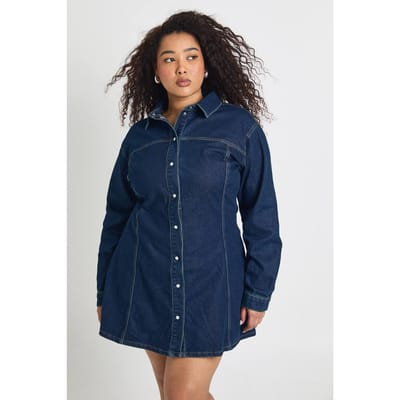 boohoo Dames Plus Denim Getailleerde Knoopjurk met Skater Silhouet | Dark Indigo | Maat: 16