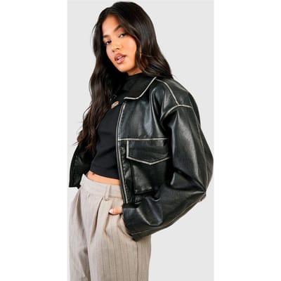 boohoo Dames Petite Vintage Look Nep Leer Jas met Zakdetail | Zwart | Maat: 34