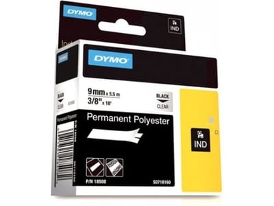 DYMO Rhino industriële labels | Permanent Polyester | 9 mm x 3,5 m | zwarte afdruk op transparant | zelfklevende labels voor Rhino & LabelManager labelprinters